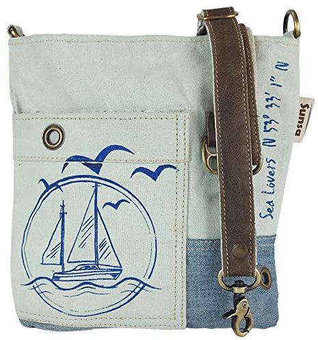 Sunsa Damen Umhängetasche. Maritim Tasche aus Canvas, Recycelte Jeans & Leder. Vintage Crossbody Schultertasche. Nachhaltige Geschenkideen für Seeliebhaber 52629
