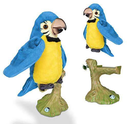 Sprechender singender Tanzender Papagei WILLI 21cm hoch mit AST Ständer 12cm - nachsprechendes Laber Plauder Tier Plüschtier Stofftier mit Aufnahme & Wiedergabefunktion Batteriebetrieb (Hellblau)