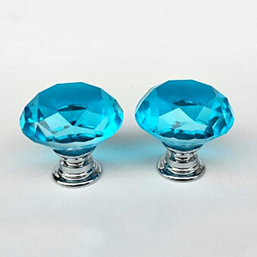 30mm Crystal Glass Door Knobs Diamond Cut Drawer Pull Handles with M4*22mm Screws for Cupboard Cabinet Wardrobe Home Decorating Silver Base Lake Blue