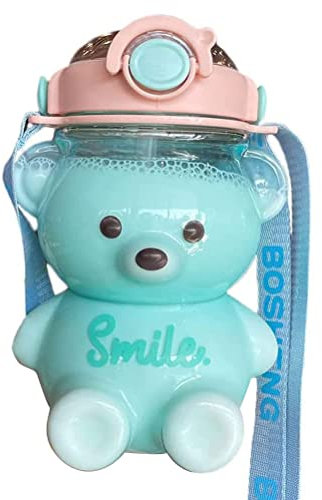 Botella de agua Kawaii oso con paja, portátil de dibujos animados botella de agua con correa de hombro ajustable escuela al aire libre viaje picnic