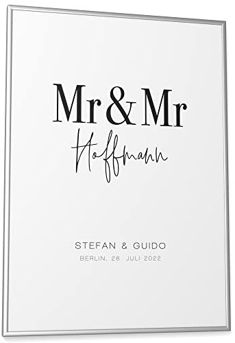 Papierschmiede® Paar Poster „Homo-Ehe Personalisiert, DIN A2 (42x59 cm) Bilderrahmen wählbar, fertig gerahmt, Schlafzimmer Wandbild Hochzeitsgeschenke für Brautpaar Jahrestag „Gay Wedding Mr & Mr“