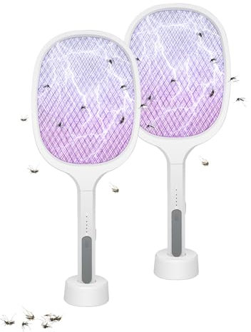 OZAVO Elektrische Fliegenklatsche 2 Stück, 3000V USB C Fliegenfänger Zapper mit Basis, 2 in 1 Elektro Mückenklatsche mit UV Lichtfalle, Weiß