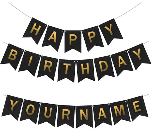 Custom Birthday Banner With Name, Make Your Own Happy Birthday Bunting for Bday Party, Black Sign With 26 A-Z Letter Banners 2 Set