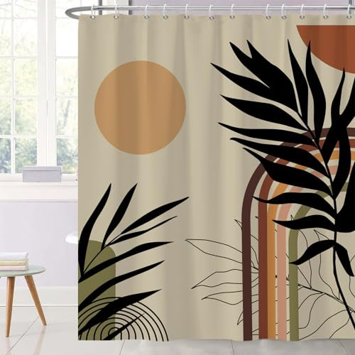 Ttincceer 180x180cm Abstrakter Duschvorhang Aquarell Sonne Regenbogen Palmblatt Badvorhang Mid-Century Tropical Plant Duschvorhänge Wasserdicht Badewannenvorhang