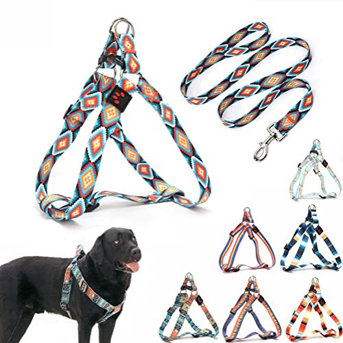 Hundegeschirr und Leine, hübsches Muster, Anti-Zug-Hundegeschirr, Welpenweste, Outdoor, bequemes Spazierengehen für kleine, mittlere und große Hunde, Mops, Bulldogge, Mastiff, Boho-Design, Größe M