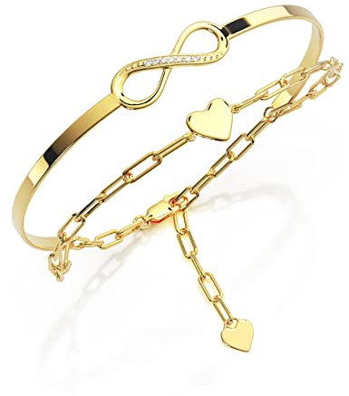 Damen Infinity Armband Gelbgold vergoldet mit Zirkonia | Damenarmband mit Unendlichkeitszeichen und Herz | Armkette und Armreif in einem