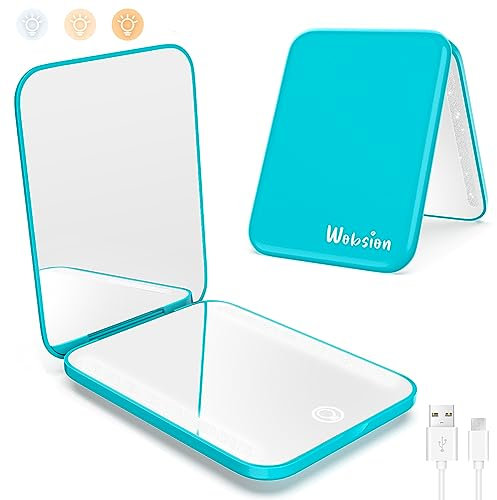WOBSION Travel Makeup Mirror with Light, Dimmable Compact Mirror for Pocket, Small Mirrors for Handbag, 1x/3x Magnifying Portable Led Mirrors for Women, Rechargeable, Gifts for Girls, Blue
