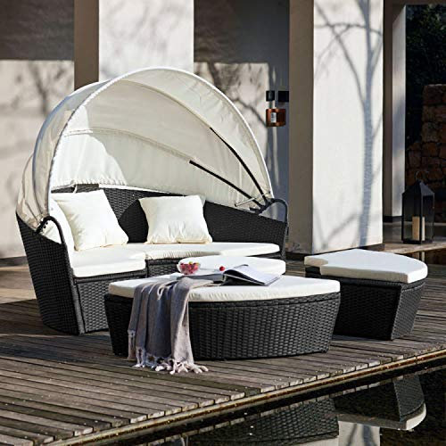CONCEPT USINE | Lit Salon de Jardin Modulable 4 à 6 Places | CIRCO Noir | En Résine Tressée Poly Rotin | Toit Parasol Pliant | Table Centrale avec Assise | Coussins Blancs Imperméables et Déhoussables
