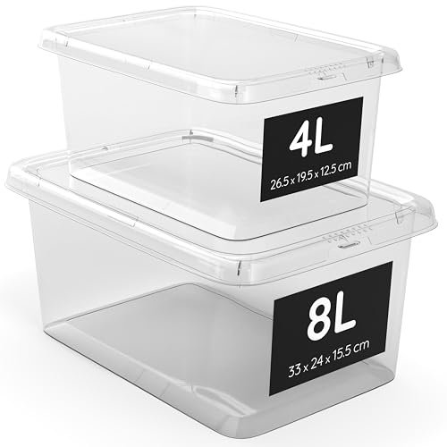 AHIOVA scatole con coperchio, scatola di plastica trasparente al 100%, scatole impilabili (4 litri + 8 litri)