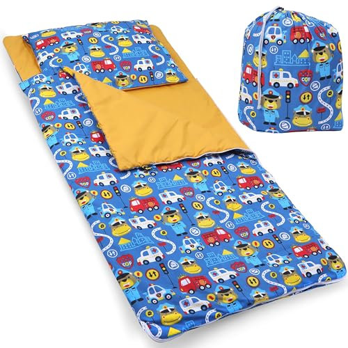 PinkZebra Schlafsack Kinder 140 x 75 cm + Kissenbezug 60 x 40 cm & Beutel, Indoor für Kindertagesstätte Kindergarten Deckenschlafsack, 3-8 Jahre (bis 135 cm Kindergröße), Öko-Tex, Bär Polizist