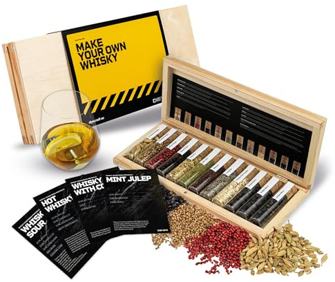 DIBYS Whisky-Gewürze-Set Mini | 12-Whisky Botanicals für DIY-Cocktails | Mit 4 Rezept-Karten, Gewürzlexikon & Holz-Kiste | Geschenk-Set für Männer & Frauen | Zubehör zum Whisky selber machen