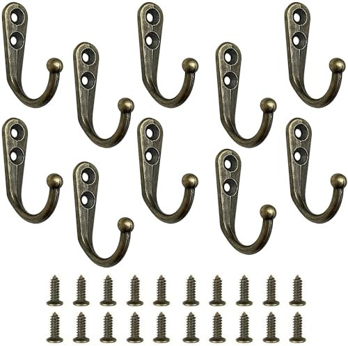 ZEACCT 10-Piece Wall Mounted Coat Hooks, Retro Metal Screw-On Hooks for Bathroom, Bedroom, and Hallway, Durable and Stylish Design (Bronze)