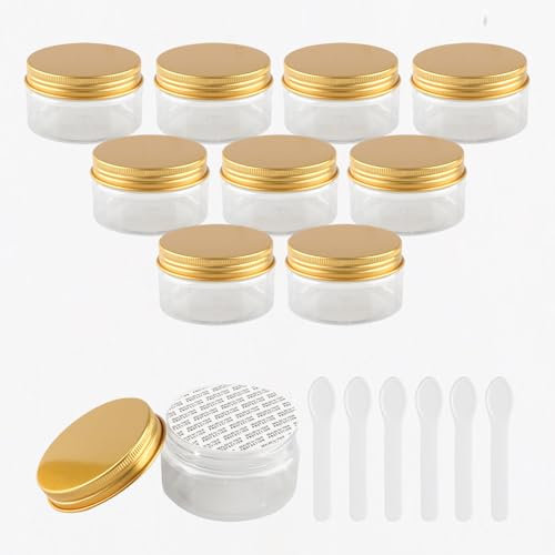 PQPAUTY 24 Pieces Empty 100g Transparent Plastic Cosmetic Jars with Gold Screw Lid Small Pot for Cosmetic Travel Homemade Cream Gel Lip Balm Salve Storage Containers+ 24x Spatula