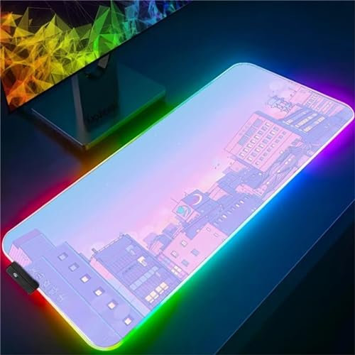 RGB Tapis de Souris Gaming Grand Tapis de Souris XXL 900x400x3mm 14 Modes d'éclairage LED Lumineuse Tapis de Souris Mouse Pad Rétroéclairage pour Gamer Clavier PC, Paysage Rose Violet