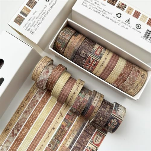 Uixxducc 10 Rollen Vintage Washi Tape Set, DIY Papier Tape Masking Tape Set Dekoratives Klebebänder für Verschönern Bullet Journals, DIY Handwerk, Scrapbooking, Planner (Retro)