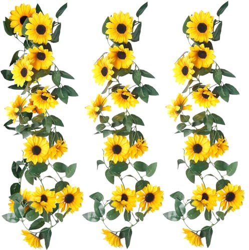 Künstliche Blumengirlande Kunstblumen Wie Echt Deko Sonnenblumen Girlande Seidenblumen Hängend Sonnenblumegirlande Gefälschte Sonnenblumenranke Blumen für Hochzeit Party Deko 3PCS