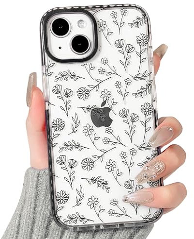 NITITOP Compatible for iPhone 14 Plus / 15 Plus Case Cute Flower Floral Clear for Women Girl Ultra Slim Crystal Shockproof Soft TPU Anti-Yellow Protective Phone Cover - Clear Black