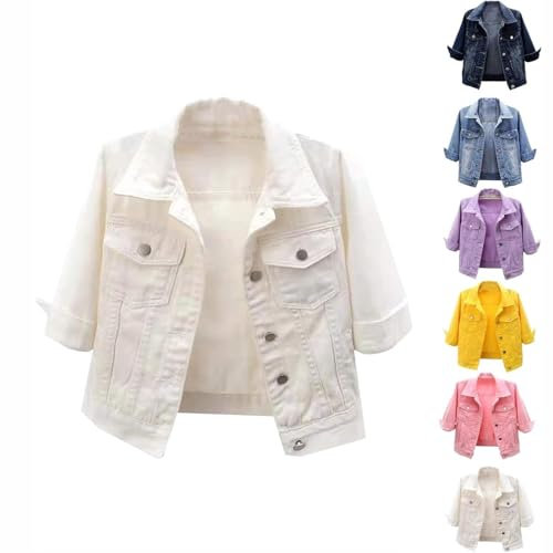 UFZKOOEP Jeans Jackets for Women 2024, 3/4 Sleeve Colored Cropped Denim Jacket, Lapel Button Down Casual Jean Jackets (White,S)