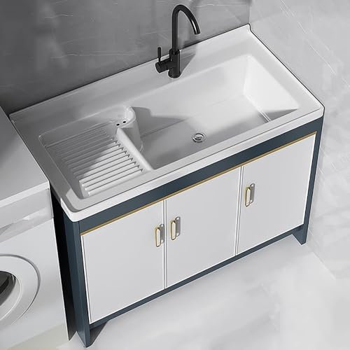 Meuble à linge avec robinet – Idéal pour la buanderie, la salle de bain, la station de lavage des mains – Meuble de lavabo autonome avec évier en céramique