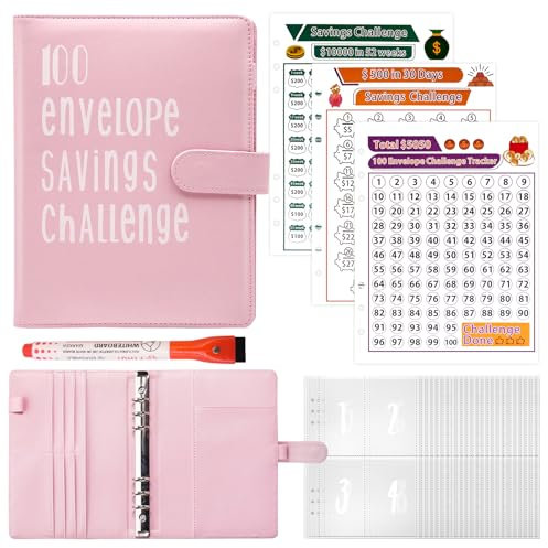 Fettwal 100 Envelope Saving Challenge, A5 Geld Sparen Challengers Geldsparmappe, Sparbuch für Geld Challenge, Sparbuch für Haushaltsgeld Sparchallenge, mit 3 Speicherkarten & Aquarellstift (Rosa)