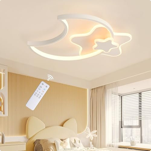KAUCQI Led Deckenleuchte Schlafzimmer, 42CM Kinderzimmer Lampe Decke Stern Deckenlampe Kinderlampe,Dimmbar Mond Lamp mit Fernbedienung, Deckenleuchten für Kinder Mit Nachtlichtfunktion