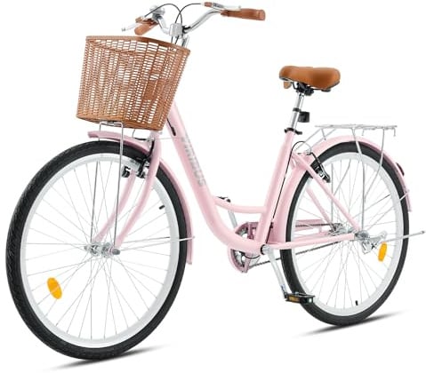 Viribus 24 Inch Vintage Ladies Bike with Basket, Dutch Style City Bicycle with Carbon Steel Frame, Dual V Brakes, Single Speed Women's Comfort Bike with Adjustable Seat and Handlebars
