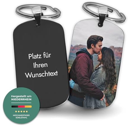 LAUBLUST Personalisierter Schlüsselanhänger mit Foto & Wunschtext inkl. Geschenkbox | Schwarz, Edelstahl | Personalisiertes Geschenk zu Weihnachten, Valentinstag, Vatertag, Muttertag & Geburtstag