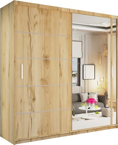 Armoire coulissante moderne avec porte miroir, rails de suspension, étagères et rangement finition chêne 150 cm