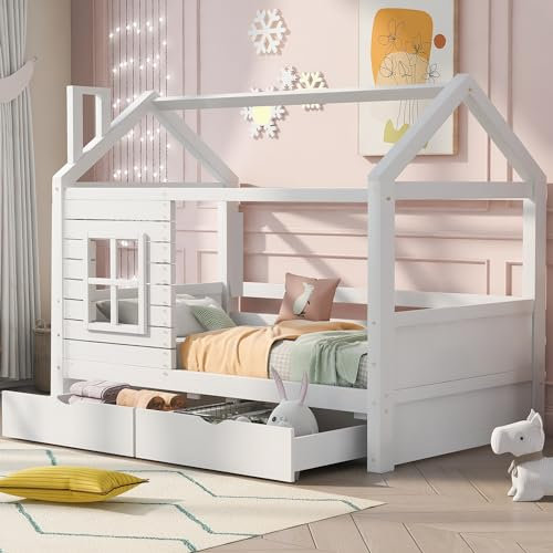 MURUL Hausbett Kinderbett Jugendbett mit Rausfallschutz vielseitiges Holz Kinderbett für Jungen & Mädchen, Massivholz Kinder Bett mit Rausfallschutz Fenster und Lattenrost Weiß (90×200cm)