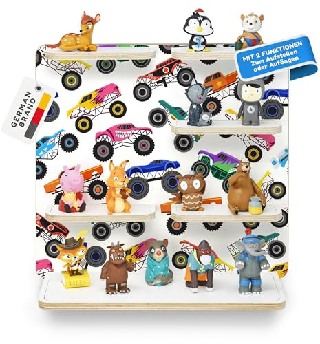 stadtecken Holzregal für Musikbox – Passend für Toniebox & ca. 35 Tonies | Perfekte Aufbewahrung fürs Kinderzimmer | Zum Aufhängen | Erweiterbar (Monster Trucks ohne Musikbox)