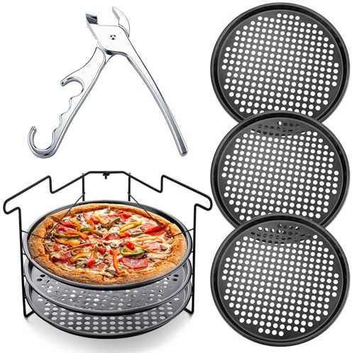 Maxdot Juego de 5 bandejas para hornear pizza, 3 sartenes perforadas de 12.6 pulgadas con agujeros, 1 estante plegable para pizza, soporte antiadherente para pizza, 1 agarre para horno, parrilla