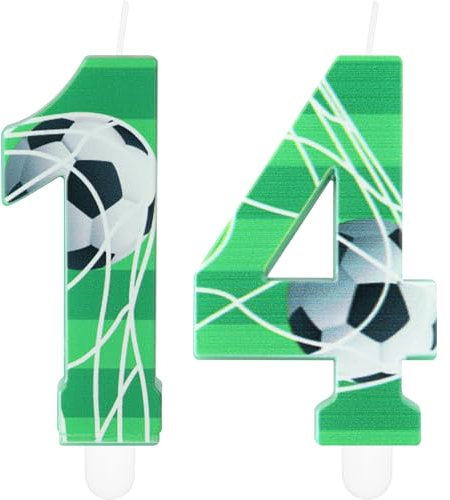 Soccer 14 Birthday Candles, Football Number 14 Candle for Cake, Boys Girls 14th Birthday Decorations, Green Football Themed Candle Cake Topper Decorations for Boys Men Celebrations Supplies