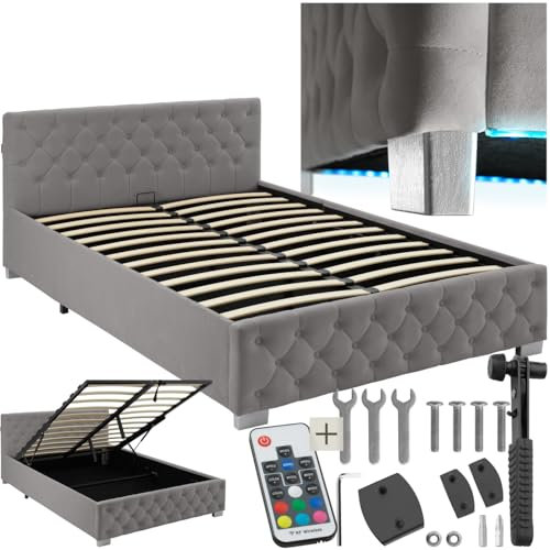 tectake® Chesterfield Schlafzimmer Bett mit Bettkasten, Polsterbett, Bett mit Stauraum, Doppelbett, Jugendbett, King Size Bed, Schlafbett, Gaming Bett mit LED, dunkelgrau, 140 x 200 cm