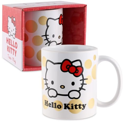 Hello Kitty Tasse 350ml – Gold gepunktet Keramiktasse mit Henkel – Offizielles Sanrio Design – Geschenk für Kinder & Fans – Kaffeetasse/Becher
