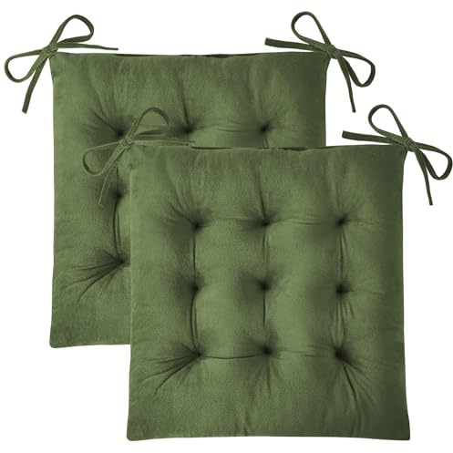 FlyGulls Seat Cushions for Dining Chairs Set of 2 39x39x6 cm Green | Square, Chair Cushions with Ties, Soft, Tufted, Crystal Velvet, Plush, Comfortable, Multi-quilted, for Kitchen & Living Room
