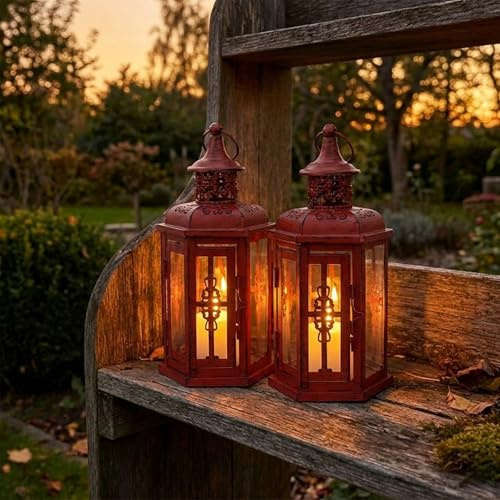 JHY DESIGN Set of 2 Decorative Candle Lanterns 25cm High Vintage Hanging Lanterns Metal Candleholders for Indoor Outdoor Events Parities Gothic and Halloween (Red with Black Brush)