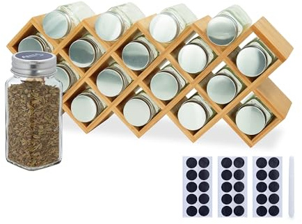 Relaxdays spice rack, bamboo, HWD: 25.5x43x9.5 cm, jars, labels, pen, spice stand, worktop, kitchen, natural | Labels, pen, spice rack worktop
