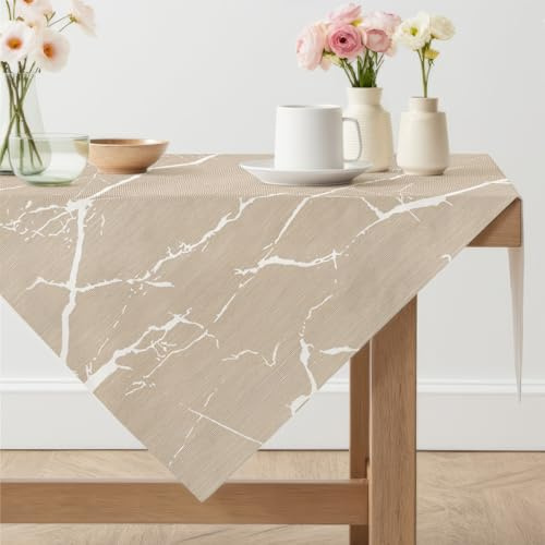 Arwllzz Abwaschbare Tischdecke Beige Modern Eckig Mitteldecke Tisch Tischdecken 100 x 100 Leinen Optik Marmor Weiß Tischwäsche Tischdeko Vintage Landhausstil Tischtuch für Draußen Gartentisch