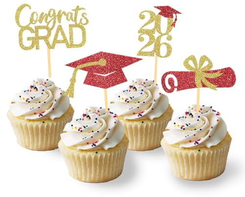 24 Stück Glitzer 2026 Graduation Cupcake Toppers | Abschlussfeier Cupcake toppers, Bachelor Hut Deko, Abschluss Deko für Graduation Abschlussparty Dekoration in Rot & Gold