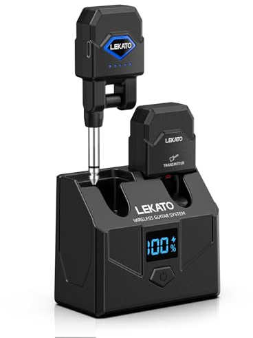 LEKATO Drahtloses Gitarrensystem mit Ladekoffer, Gitarrensender-Empfänger mit geringer Latenz (<5 ms) und 15 Std Spielzeit, wiederaufladbarer Drahtlosstecker mit 4 Kanälen für E-Gitarre Bass (WS200)