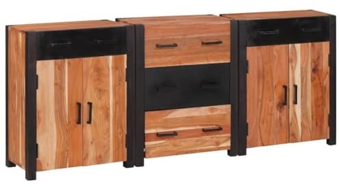 Foknhdi Sideboard 165 x 30 x 75 cm aus massiver Akazie Braun mit 5 Schubladen & 4 Türen Modernes Design Robust & Langlebig für Wohnzimmer Flur Schlafzimmer