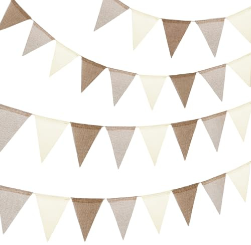 Wimpelkette Outdoor wetterfest 12M, Braun Beige Wimpelgirlande Boho Deko | 3 Stück Jute Wimpelketten mit 36 Stück Wimpel für Indoor, Party, Geburtstag, Feiern, Kinderzimmer, Hochzeit & Baby Shower