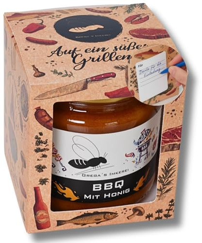 Grill Honigsüße Geschenk Box 1er Set mit Honig von Grega’s Imkerei 1× 250g Honigspezialität in „Grill-Geschenkbox“ mit Grußfeld auf Rückseite BBQ Geschenk-idee (BBQ mit Honig 250 g)