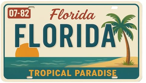 Blechschild Florida Tropical Paradise 20x30 cm – Retro Metallschild im US Nummernschild Stil mit Strand, Palme & Sonne – Vintage Wanddeko USA Urlaub - LP0009
