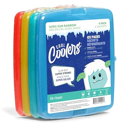Cool Coolers By Fit & Fresh 4 Pack Slim Ice Packs, Quick Freeze Space Saving Reusable Ice Packs for Lunch Boxes or Coolers, Multi Colored, Single Pack
