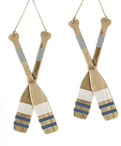 Deko Anhänger Ruder Paddel im 2er Set, 29 cm Holz braun weiß blau, Dekohänger maritim im Beach Style, Landhaus meditarran