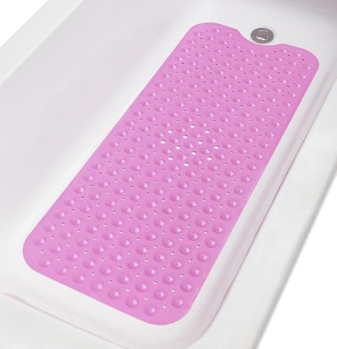 TIKE SMART Extra-Long Non-Slip Bathtub & Shower Mat 39”x16” (Smooth/Non-Textured Tubs Only) Safe, Clean, Machine-Washable, Superior Grip&Drainage, Vinyl, Opaque Pink