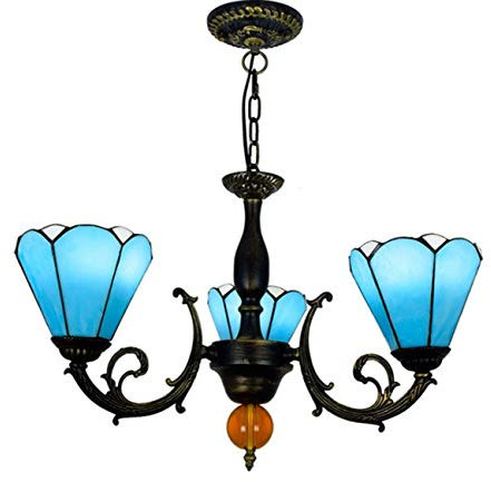 Yjmgrowing Vintage Tiffany Stil Glasmalerei 3 Arme Art Kronleuchter mit 6-Zoll Elegante Blaue Lampenschirm Pendelleuchte für Esszimmer, 110-220 V (ohne Glühlampen)