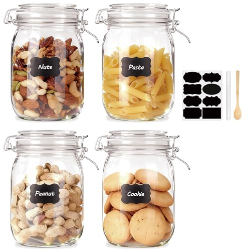 Flrolove Glass Kitchen Storage Canister Mason Jars with Lids,32oz Airtight Glass Canister with Hinged Lid，Perfect for Kitchen Canning Cereal,Pasta,Sugar,Beans (Labels & Chalk Marker)-Set of 4