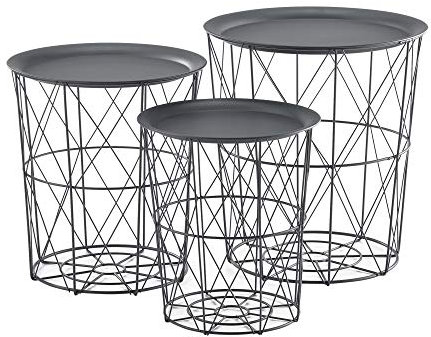 [en.casa] 3er Set Metallkorb Beistelltisch 'Worcester' Dunkelgrau Couchtisch mit abnehmbare Tischplatten Sofatisch Tablettisch Wohnzimmertisch 3 Beistelltische
